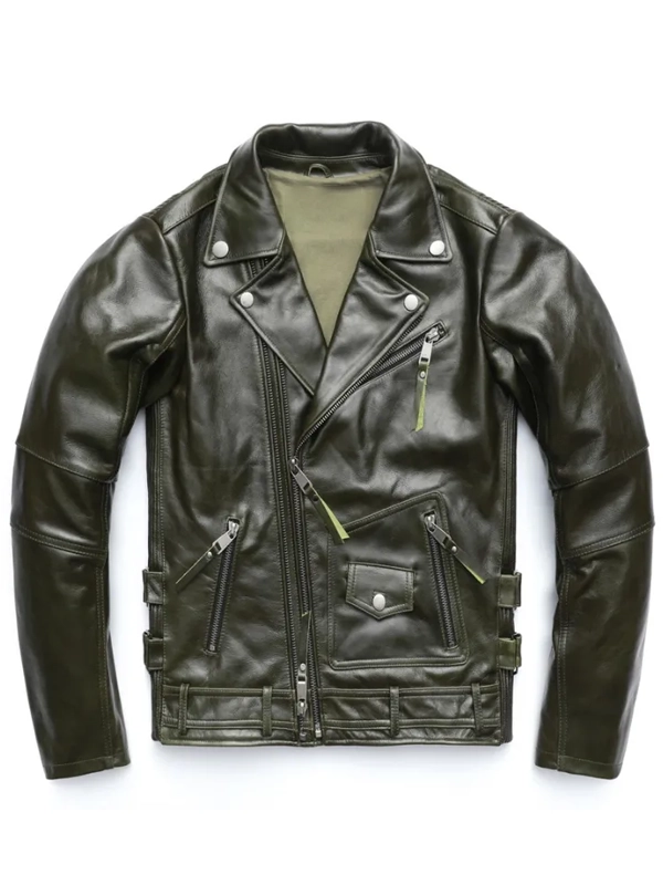 Army Green Lambskin Leather Motorcycle Jacket