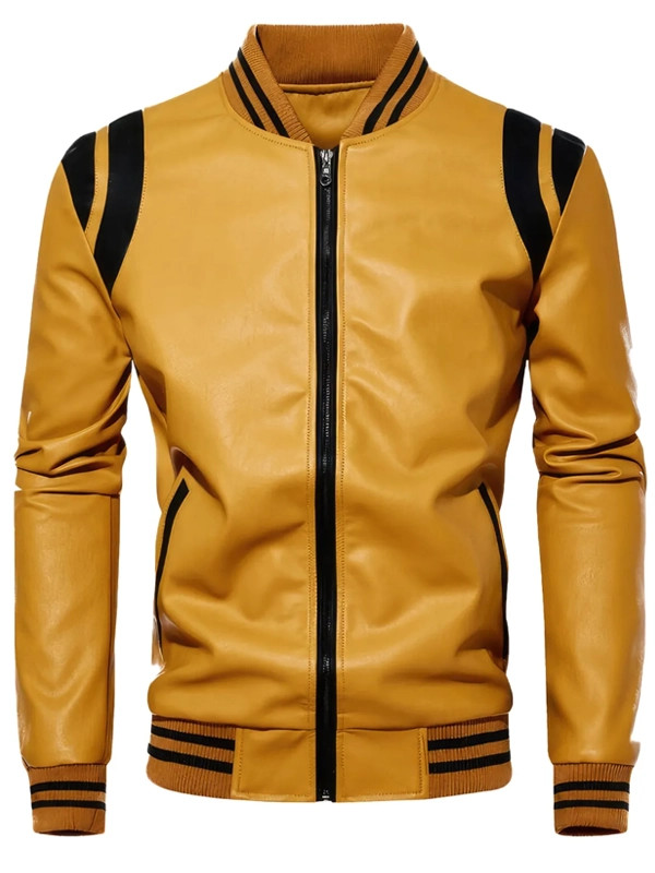 yellow faux leather biker bomber jacket